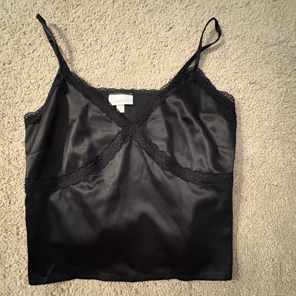 Chic Black Satin Camisole with Lace